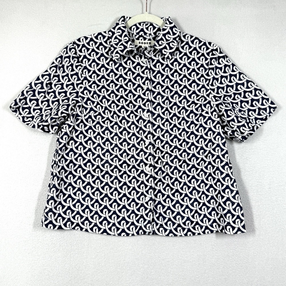 Boden Top Womens 6 Hazel Short Sleeve Linen Geometric‎ Button Up A-Line Nautical